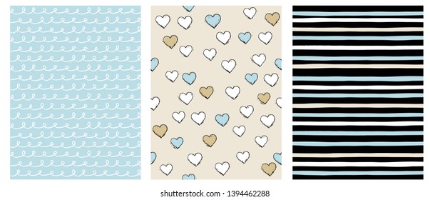 Irrgeular Geometric Vector Patterns with Hearts, Stripes and Lines with Loops. Blue, Beige and Black Background. Simple Abstract Vector Desing Set for Card, Fabric, Textile, Layout, Wrapping Paper.