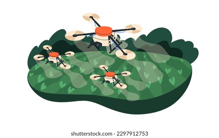 Drones de riego sobrevolando el campo de la granja. El fertilizante agrícola de cobre rocía pesticida en las tierras de cultivo, fertilizando las tierras. Tecnología agrícola moderna. Ilustración vectorial plana aislada en fondo blanco