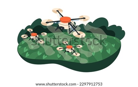 Irrigation drone flying over farm field. Agriculture copter fertilizer sprays pesticide on farmland, fertilizing land. Modern farming technology. Flat vector illustration isolated on white background