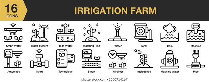 Irrigation Farm icon set. Includes irrigation, farm, agriculture, water, crop, and More. Outline icons vector collection.