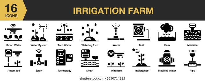 Irrigation Farm solid icon set. Includes irrigation, farm, agriculture, water, crop, and More. Solid icons vector collection.