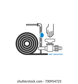 Irrigation Icon. Equipment for drip irrigation. Drip tube, dropper, starter tap, hand. Vector illustration.