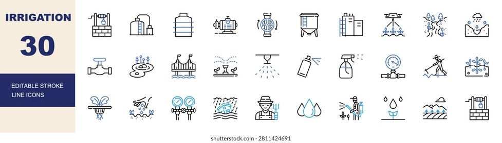 Irrigation icon set. Editable line icons water pump, sprinkler system, drip irrigation, water well, rainwater harvesting vector illustration
