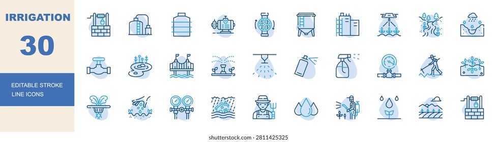 Irrigation icon set. Editable line icons water pump, sprinkler system, drip irrigation, water well, harvesting vector illustration