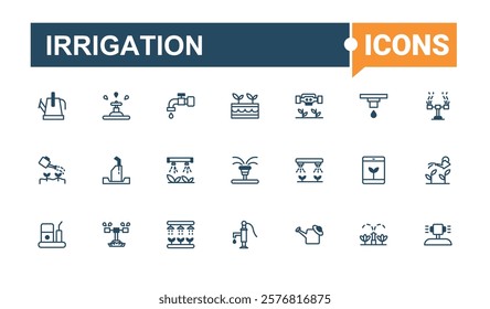 Irrigation icons set in linear style. Contains related to drop, farm, sprinkle, nature, system, fertilizer, water, agricultural. Minimalistic icon. Vector line and solid icons.