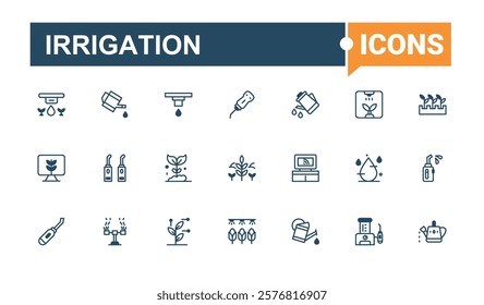 Irrigation icons set in linear style. Contains related to drop, farm, sprinkle, nature, system, fertilizer, water, agricultural. Minimalistic icon. Vector line and solid icons.