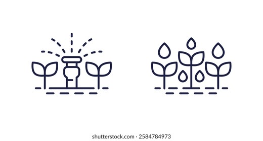 irrigation line icons with plants and water sprinkler