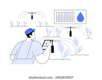 Irrigation monitoring abstract concept vector illustration. Man with smartphone deals with mapping of irrigated land, improve agricultural yield, smart farming, monitor the soil abstract metaphor.