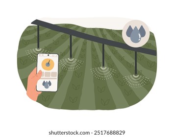 Irrigation monitoring isolated cartoon vector illustrations. Man with smartphone deals with mapping of irrigated land, improve agricultural yield, smart farming, monitor the soil vector cartoon.