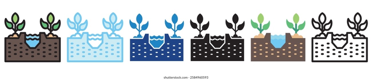 Irrigation multi-style icon, outline, flat, glyph, dual tone, line color, UI, UX kit, app and web development, digital or print. For industry, education, ecology, environment, water treatment theme.
