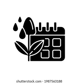 Irrigation Scheduling Black Glyph Icon. Plant Watering. Agriculture Equipment. Rain Sensors. Evapotranspiration. Silhouette Symbol On White Space. Vector Isolated Illustration