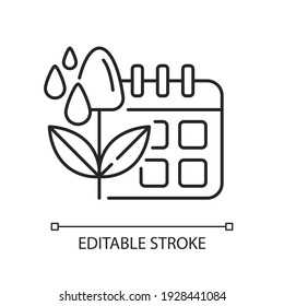 Icono lineal de programación de riego. Agua en las plantas. Equipo agrícola. Sensores de lluvia. Ilustración personalizable de línea delgada. Símbolo de contorno. Dibujo de contorno aislado del vector. Trazo editable