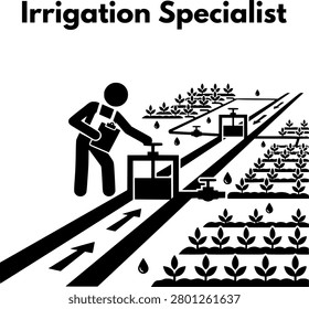 Irrigation specialist controlling water gate valve in agricultural channel system for crop field watering pictogram icon