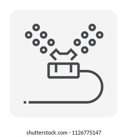 Irrigation sprinkler vector icon. Consist of sprinkler head or nozzle, rubber hose and water spray. For watering tree, crop, grass, seed and plant. Also for area i.e. lawn, turf and field in garden.