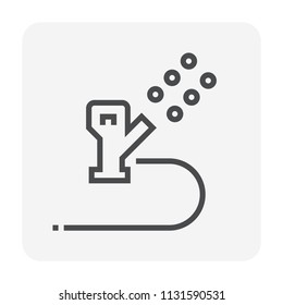 Irrigation sprinkler vector icon. Consist of sprinkler head or nozzle, rubber hose and water spray. For watering tree, crop, grass, seed and plant. Also for area i.e. lawn, turf and field in garden.