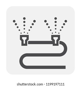 Irrigation sprinkler vector icon. Consist of sprinkler head or nozzle, rubber hose and water spray. For watering tree, crop, grass, seed and plant. Also for area i.e. lawn, turf and field in garden.