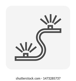 Irrigation sprinkler vector icon. Consist of sprinkler head or nozzle, rubber hose and water spray. For watering tree, crop, grass, seed and plant. Also for area i.e. lawn, turf and field in garden.