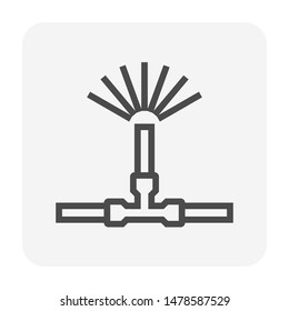 Irrigation sprinkler vector icon. Consist of sprinkler head, nozzle spray, push fit or instant fitting and pipe or pipeline. For watering tree, crop, grass, seed and plant. Also for lawn in garden.