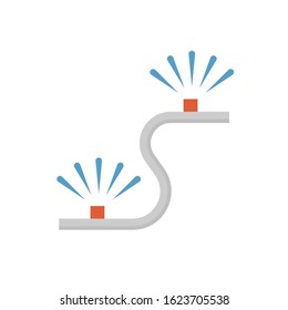 Irrigation sprinkler vector icon. Consist of sprinkler head or nozzle, rubber hose and water spray. For watering tree, crop, grass, seed and plant. Also for area i.e. lawn, turf and field in garden.