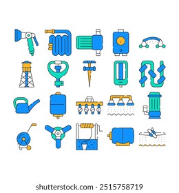 Irrigation System Collection Icons Set Vector. Watering Pistol And Watering Can, Well And Hose Agricultural Water Irrigation Farm Equipment color Contour Illustrations