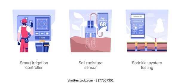 Irrigation system components isolated concept vector illustration set. Smart irrigation controller, soil moisture sensor, sprinkler system testing, automatic sensors for gardening vector cartoon.