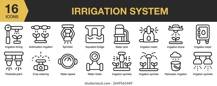 Irrigation System icon set. Includes irrigation, system, water, agriculture, farming, and More. Outline icons vector collection.