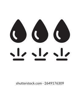 Irrigation system icon with water drops and downward arrows representing agriculture watering plant growth and farming technology concept vector solid glyph icon
