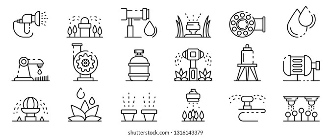Irrigation system icons set. Outline set of irrigation system vector icons for web design isolated on white background