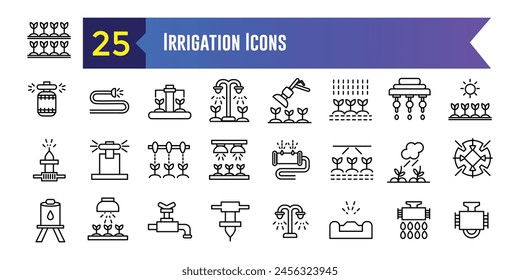 Irrigation system icons set. Outline set of irrigation system vector icons for ui design. Outline icon collection. Editable stroke.