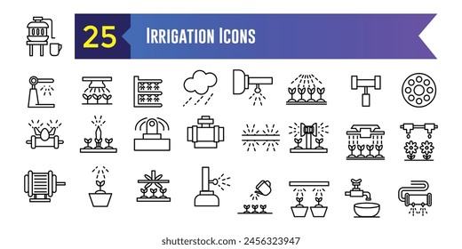 Irrigation system icons set. Outline set of irrigation system vector icons for ui design. Outline icon collection. Editable stroke.