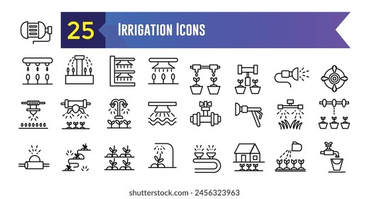 Irrigation system icons set. Outline set of irrigation system vector icons for ui design. Outline icon collection. Editable stroke.