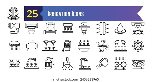Irrigation system icons set. Outline set of irrigation system vector icons for ui design. Outline icon collection. Editable stroke.