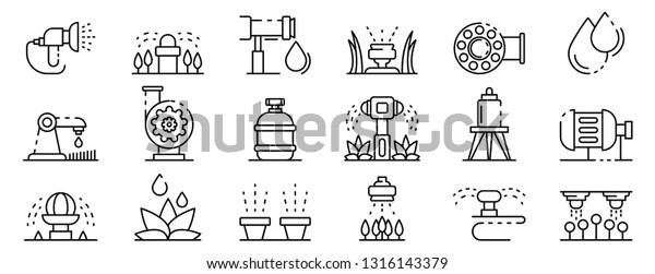 Irrigation system\
icons set. Outline set of irrigation system vector icons for web\
design isolated on white\
background