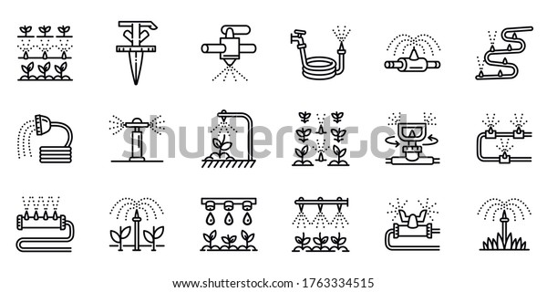 Irrigation system\
icons set. Outline set of irrigation system vector icons for web\
design isolated on white\
background