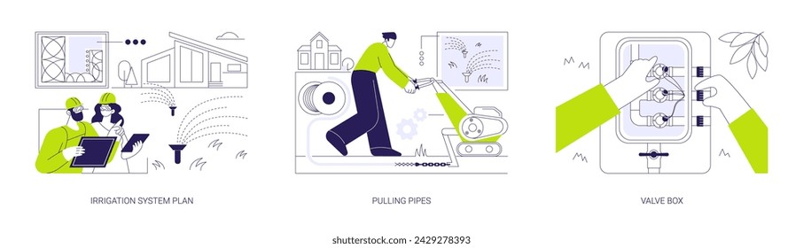 Irrigation system installation abstract concept vector illustration set. Irrigation system plan, pulling pipes, valve box installation, water spraying system, maintenance service abstract metaphor.