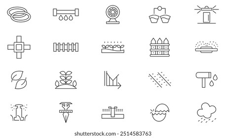 Irrigation system line icon collection. Smart farm, farming technology, bulb, plant, water tank, gardening. Sow, irrigate, barrier icon set. Ui outline icon pack.