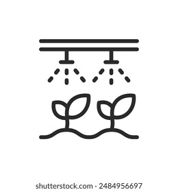 Irrigation system, linear style icon. An irrigation system, watering plants and managing water resources in agriculture. Editable stroke width.