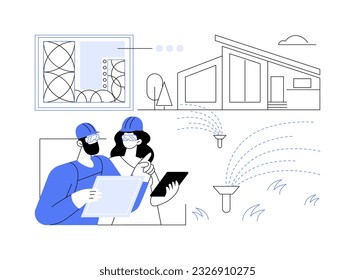 Irrigation system plan abstract concept vector illustration. Contractors discussing new irrigation plan, water spraying system, exterior works, teamwork at a construction site abstract metaphor.