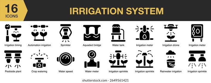 Irrigation System solid icon set. Includes irrigation, system, water, agriculture, farming, and More. Solid icons vector collection.