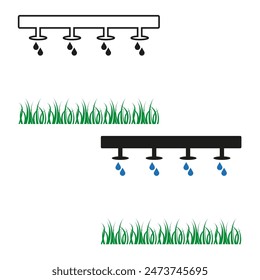 Irrigation system vector. Drip watering icons. Grass and water drops. Garden irrigation design.