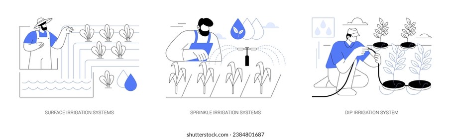 Irrigation systems isolated cartoon vector illustrations set. Farmer installs surface sprinkling equipment, automatic dip irrigation, agricultural input sector, agribusiness vector cartoon.