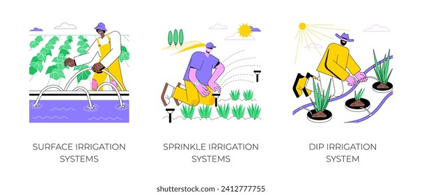 Irrigation systems isolated cartoon vector illustrations set. Farmer installs surface sprinkling equipment, automatic dip irrigation, agricultural input sector, agribusiness vector cartoon.