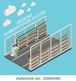 Irrigation systems isometric background depicting greenhouse with automatic humidification system for seedlings vector illustration