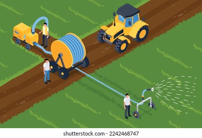 Irrigation systems isometric background with pump and drum machine with long hose vector illustration