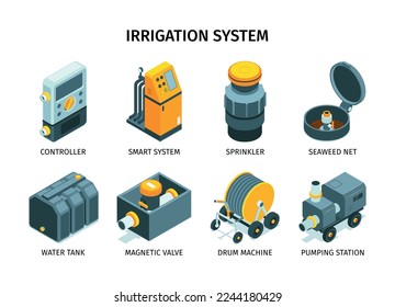 Irrigation systems isometric icons with caption including controller drum machine pumping station sprinkler isolated vector illustration