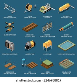 Irrigation systems isometric set of drum sprinkler reclamation machine garden sprinkler garden pump drip irrigation system seedlings humidification system isolated vector illustration