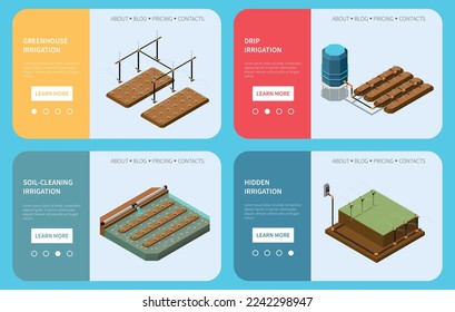 Irrigation systems landing pages providing information about greenhouse drip hidden and soil cleaning irrigation isometric vector illustration