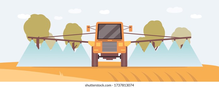 Irrigation tractor or fertiliser spreader machine in crop field spraying water or fertilizer on soil. Yellow agriculture mechinery from front view, flat vector illustration.