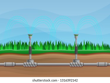 Irrigation watering system automatic farm concept banner. Cartoon illustration of irrigation watering system automatic farm vector concept banner for web design