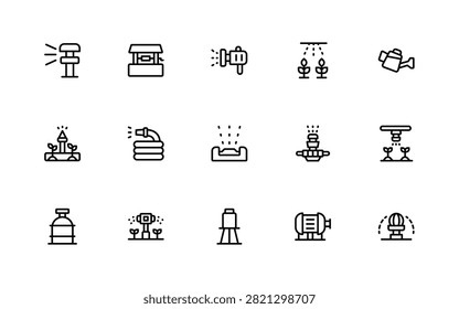 Irrigation waterways icon set for eco farming. Professional and modern icons illustration focusing on water distribution, river channels, and soil hydration.